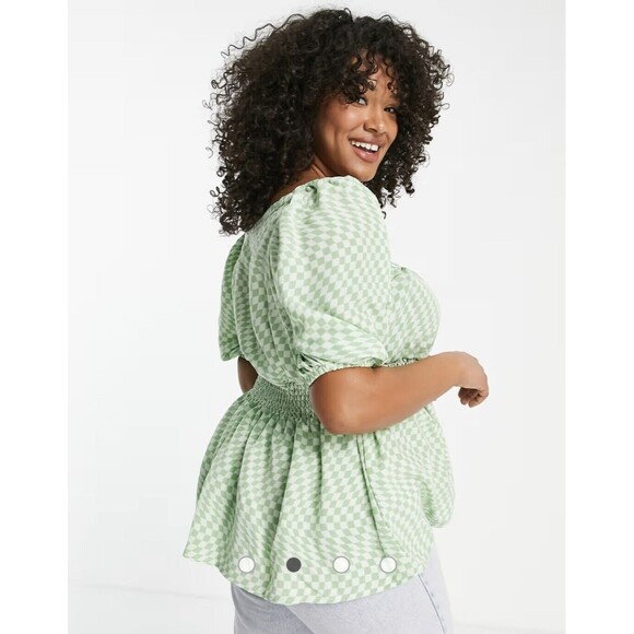 Fashion Union ASOS Plus Checkerboard Smocked Waist Blouse Puff Sleeve Size 20 - Picture 6 of 11